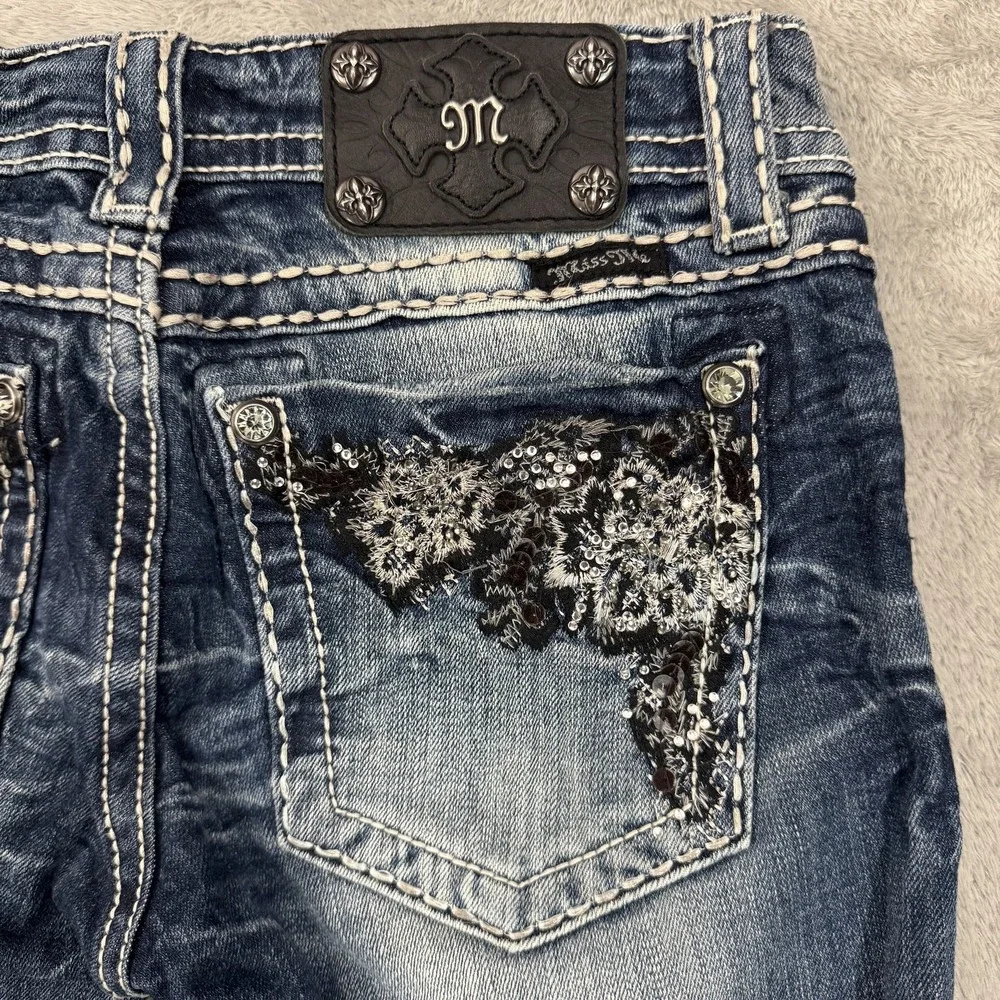 Miss Me Straight Low Rise Jeans Womens 27 Stretch Embellished Dark Wash Blue Y2K